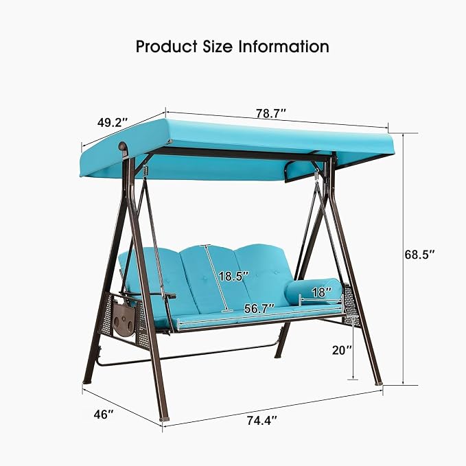 PURPLE LEAF 3-Seat Deluxe Outdoor Patio Porch Swing - Image 6