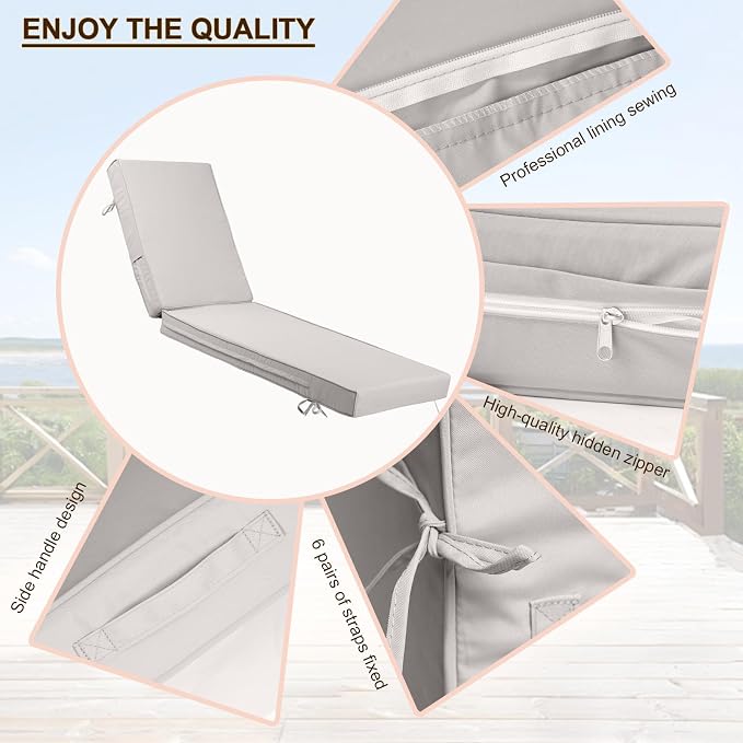 Chaise Lounge Cushions Outdoor Set of 2, Waterproof & Fade Resistant Patio - Image 3