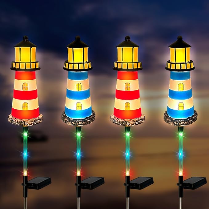 4 Pack Lighthouse Solar Lights, 7 Light Color Changes, IP65 Waterproof Solar by HokfirmHomeDecorGarden