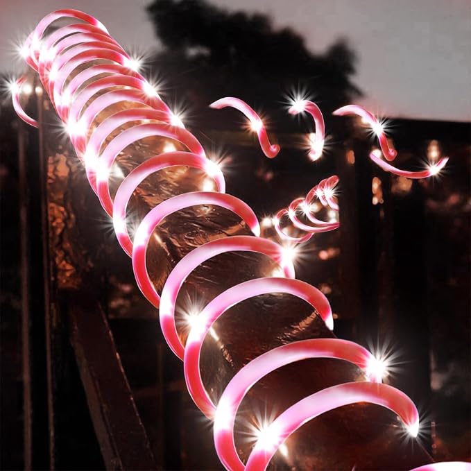 QITONG Solar Christmas Lights, 2 Pack Each 33ft 100 LED Red & White Candy Cane - Image 2