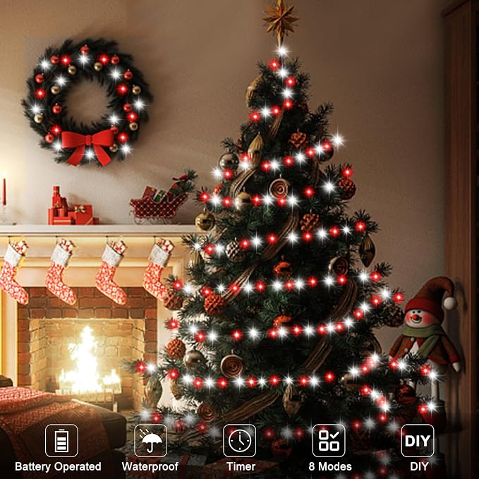 4 Pack Red White Christmas Lights Battery Operated 16.4Ft 50 LED Wreath String - Image 2