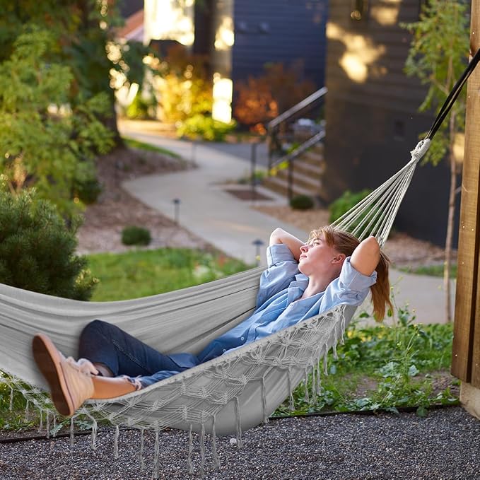 MOSFiATA Backyard Hammock with Tassels Max 500lbs Canvas Fabric Bohemian Style - Image 6