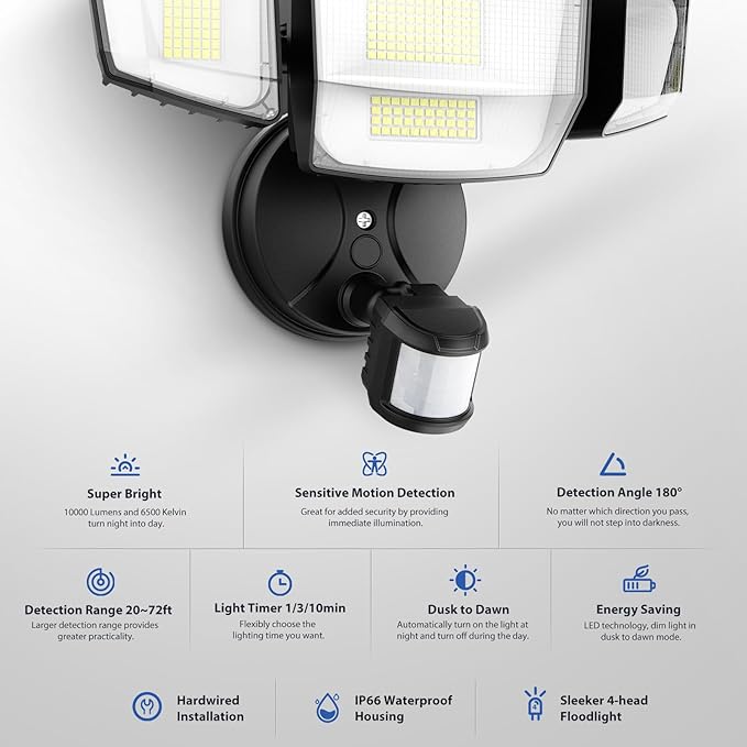 Onforu 90W 10000LM LED Motion Sensor Outdoor Lights, 4-Head Dusk to Dawn - Image 3
