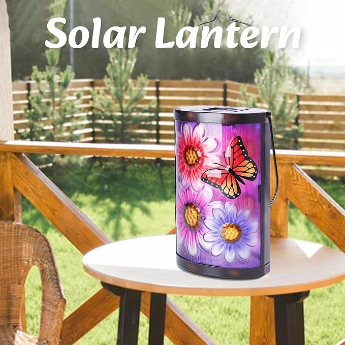 Hanging Solar Lantern Outdoor Waterproof Flowers Butterfly Solar Lights Glass - Image 3