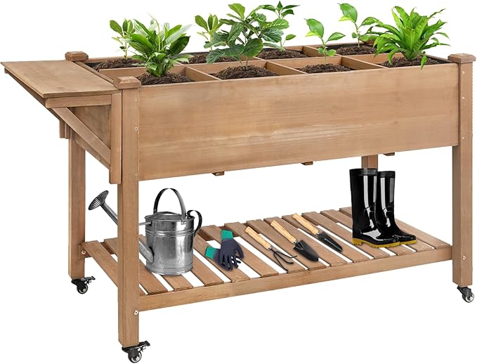 Raised Garden Bed with Lockable Wheels Mobile Elevated Wood Planter, Storage by Ketive
