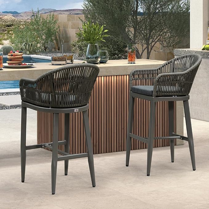 PURPLE LEAF Outdoor Bar Height Stools Set of 2 Patio Metal Modern Wicker Rattan - Image 7