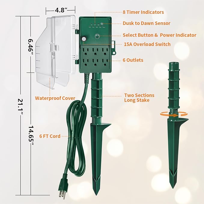SURAIELEC Outdoor Power Stake, Dusk to Dawn Light Timer, 6 Electrical Outlet - Image 7