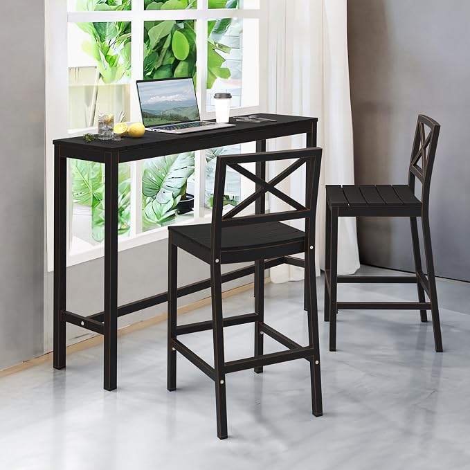 Outdoor Bar Height Table and Chairs Set, 3 Piece Black Top and Bronze Leg Patio - Image 2