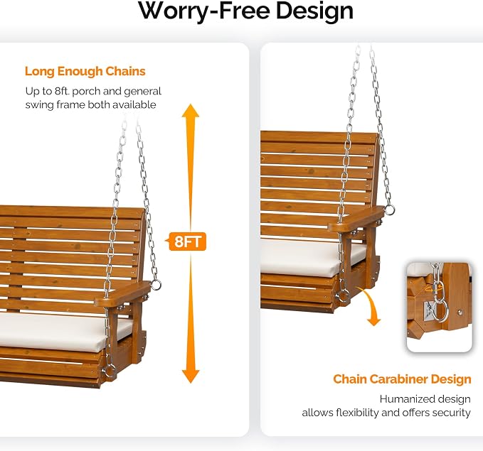 VINGLI Outdoor 4 FT Porch Swing, Heavy Duty 880 LBS Wooden Patio Swings - Image 4
