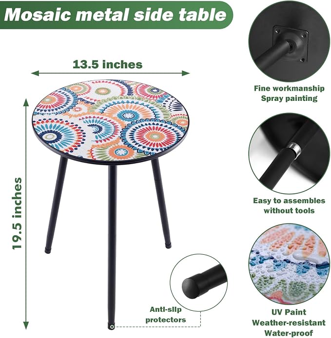 Party Zealot Metal Mosaic Round Side Table Set of Two 13.4" Small Outdoor Patio - Image 3