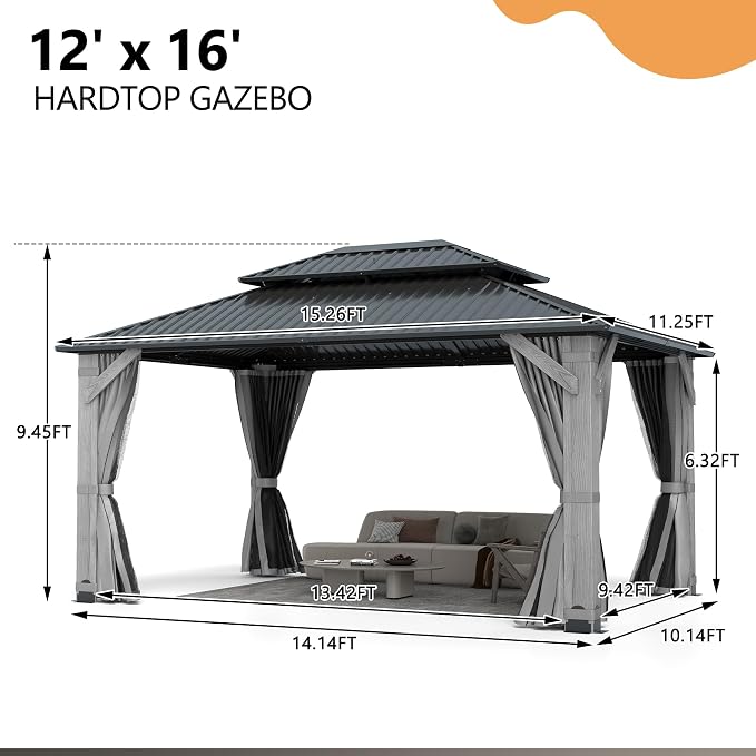 12'x16' Hardtop Wood Gazebo, Outdoor Double Roof Galvanized Steel Top Gazebo - Image 7