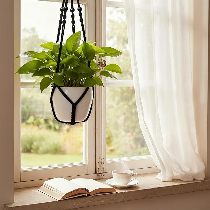 Macrame Plant Hanger, Wood Beads Cotton Hanging Planter Holder - Image 7
