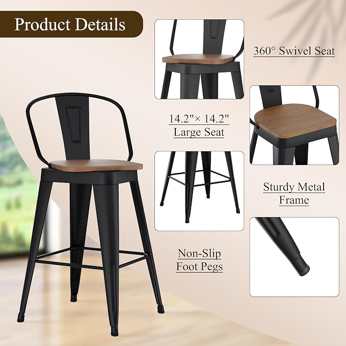 Aklaus Swivel Metal Bar Stools 26 inch Swivel Counter Height Barstools Set of 2 - Image 3