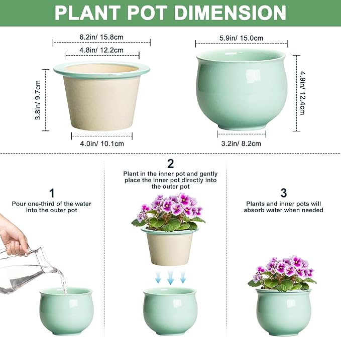 6 Inch African Violet Pots, Ceramic Self Watering Planter - Image 2