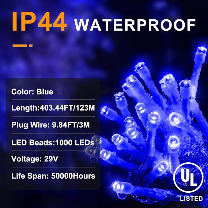 KNONEW 403ft 1000 LED String Lights Outdoor Christmas Light 8 Modes & Timer - Image 6