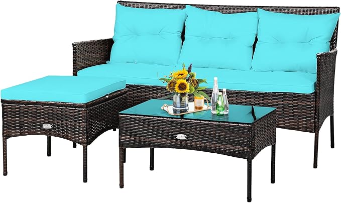 Tangkula 3 Pieces Patio Conversation Set, Outdoor PE Rattan Wicker Furniture by TANGKULA