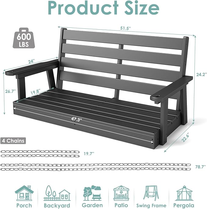 IVY&LANE Outdoor Porch Swing | HDPE Plastic | 2-Person | Hanging Bench Swings | - Image 2