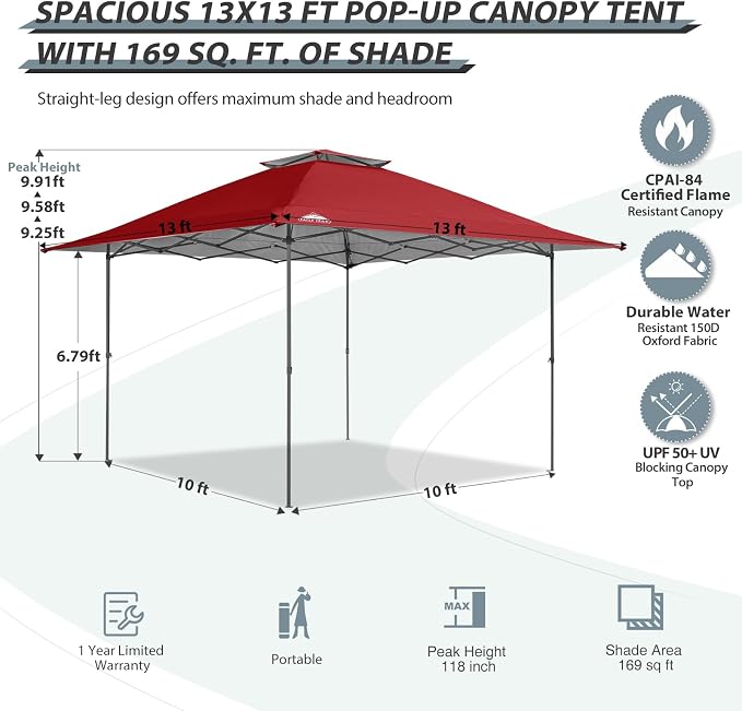 EAGLE PEAK 13x13 Straight Leg Pop Up Canopy Tent Instant Outdoor Canopy Easy - Image 3