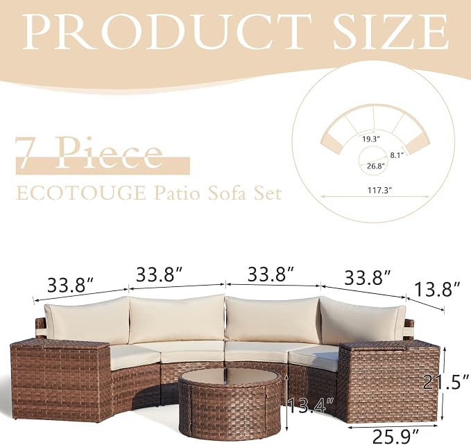 ECOTOUGE 7 Piece Patio Furniture Sets, Half-Moon Circle Conversation Set - Image 3