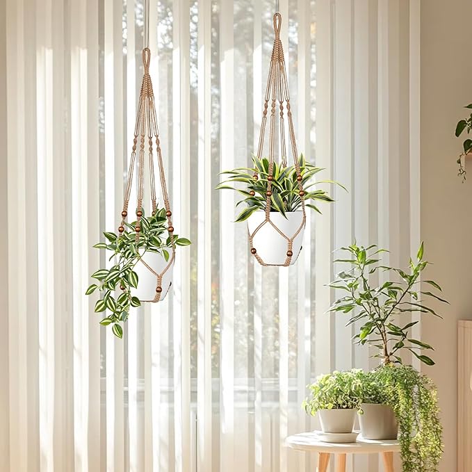 Jute Macrame Plant Hanger Indoor Set of 4 Hanging Planter Basket Flower Pot - Image 4