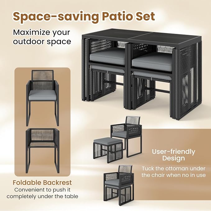 Tangkula 5 Pieces PE Wicker Patio Dining Set, Outdoor Conversation Set - Image 8