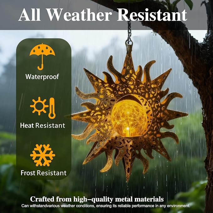 2 Pack Garden Decor Hanging Lanterns Outdoor Waterproof, Solar Lights Metal Sun - Image 6