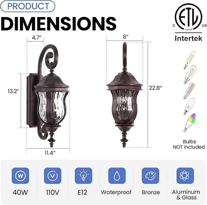 Outdoor Wall Sconces, 22.8" H Large Exterior Wall Lanterns, Waterproof Exterior - Image 5