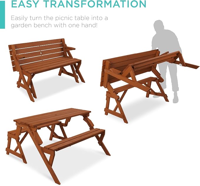 Best Choice Products 2-in-1 Transforming Interchangeable Outdoor Wooden Picnic - Image 3