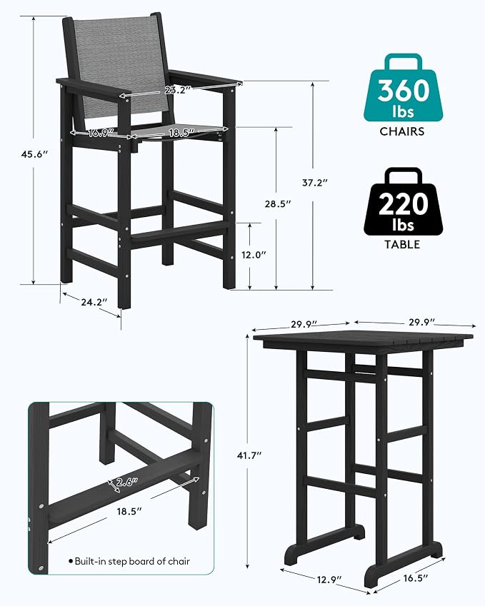SERWALL Textilene Adirondack Bar Chairs Set of 2, Tall Adirondack Bar Height - Image 3