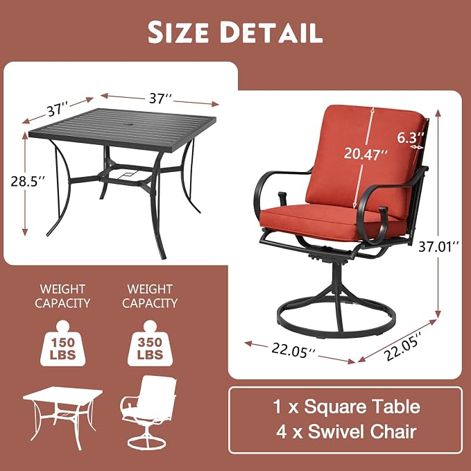MELLCOM 5 Pcs Outdoor Dining Set, 4 Swivel Rocker Chairs - Image 2