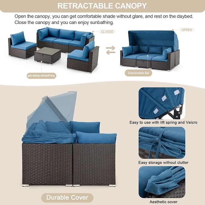 Vicluke 6 Pieces Patio Furniture Sets Outdoor Sectional Sofa Set Rattan Daybed - Image 2