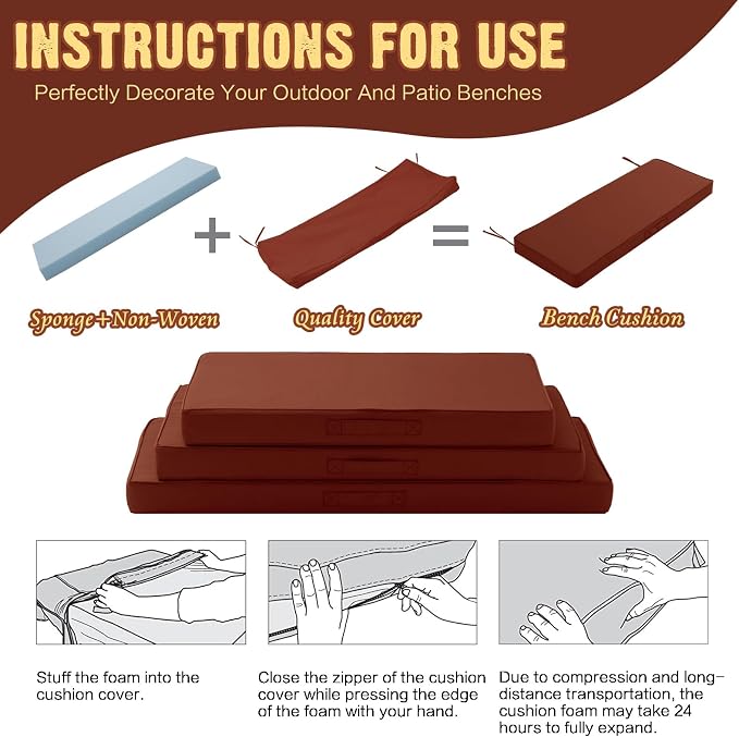 Outdoor Bench Cushion 4 inches Memory Foam Waterproof Patio Furniture Bench - Image 5