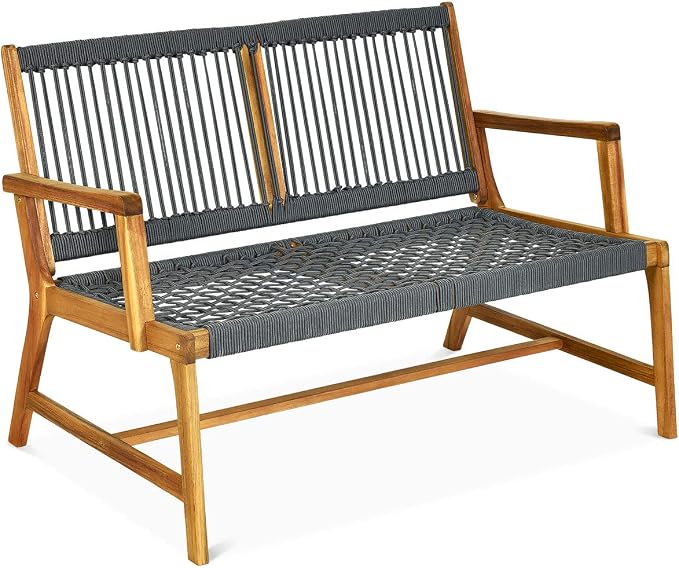 Tangkula 2-Person Patio Acacia Wood Bench Loveseat, Outdoor Patio Rope Bench in by TANGKULA