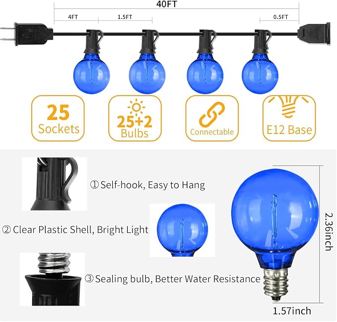 40FT LED Outdoor String Lights Waterproof, G40 LED Globe Outdoor Lighting - Image 5