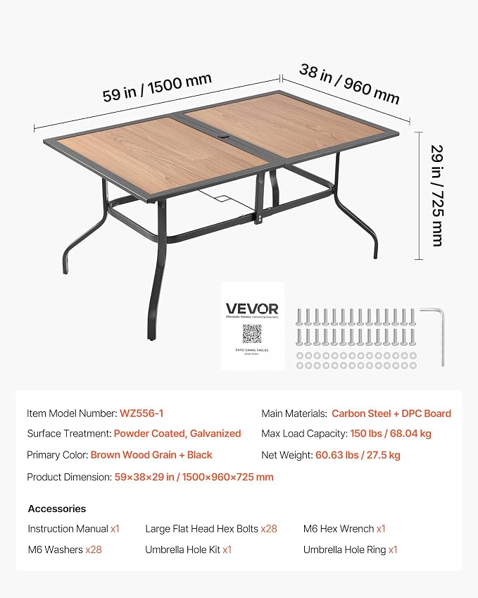 VEVOR Outdoor Patio Dining Table, 59 inch Long Rectangular Wood-Like Steel Slat - Image 3