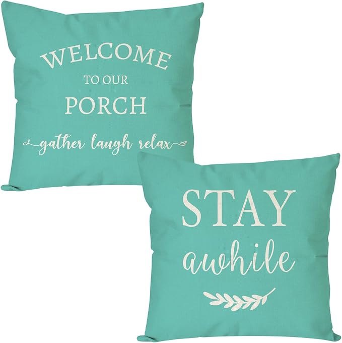 PANDICORN Welcome to Our Porch Stay Awhile Farmhouse Decorative Throw Pillow by PANDICORN