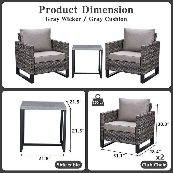 Belord Outdoor Bistro Set 3 Piece Outdoor Wicker Patio Chairs, Oversize Outdoor - Image 3