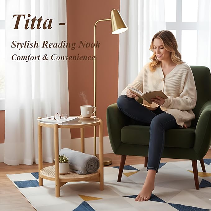 Tiita Rattan Nightstand Side Table, Bamboo Accent Bedside Tables, Glass Coffee - Image 5