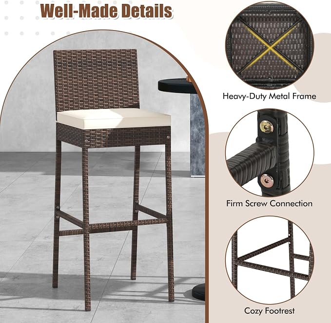 HAPPYGRILL Wicker Patio Barstools Set of 2, Outdoor Rattan Bar Chairs - Image 7