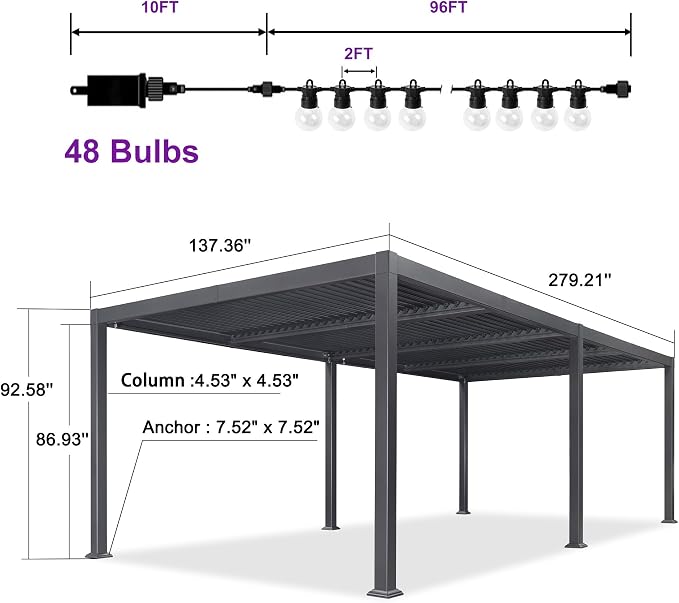 PURPLE LEAF Louvered Pergola w/Light 11' x 23' Aluminum Outdoor Pergola - Image 3