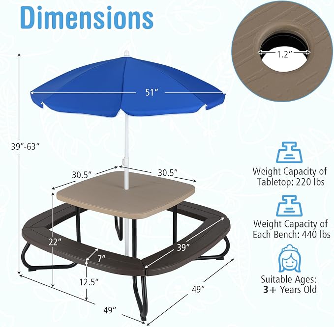 HONEY JOY Kids Picnic Table, 8 Person Toddler Outdoor Table and Chair Set - Image 3