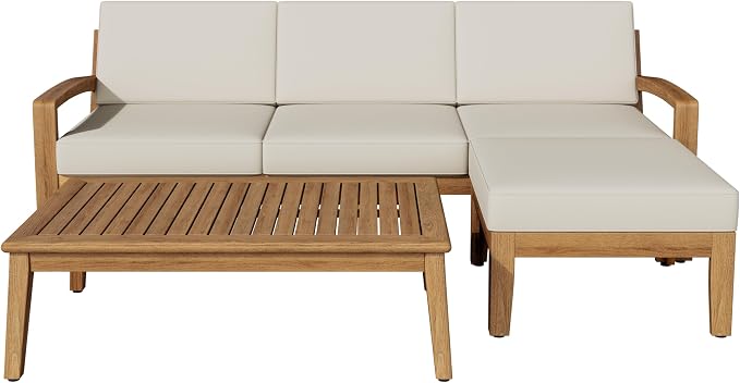 L-Shape Outdoor Furniture Set, 3-Piece Acacia Sectional Patio Sofa Set - Image 7