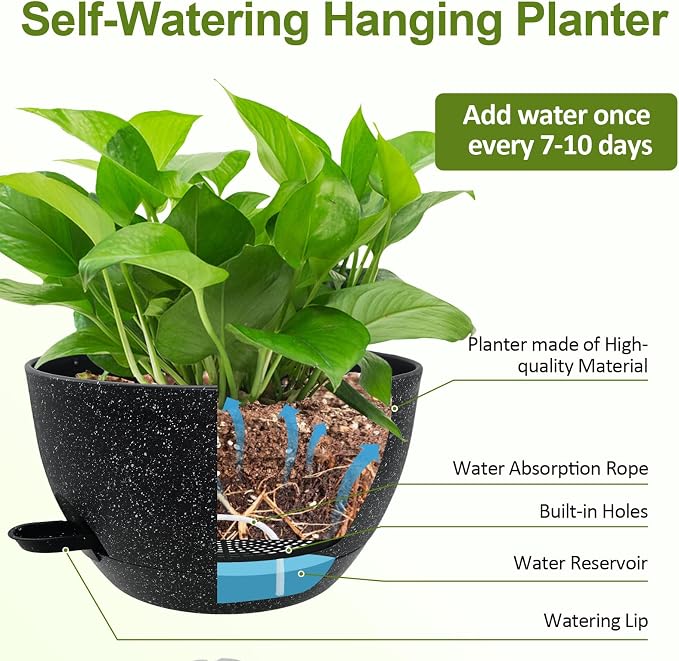 WOUSIWER Self Watering Hanging Planters, 2 Pack 12'' Plastic Pots - Image 6