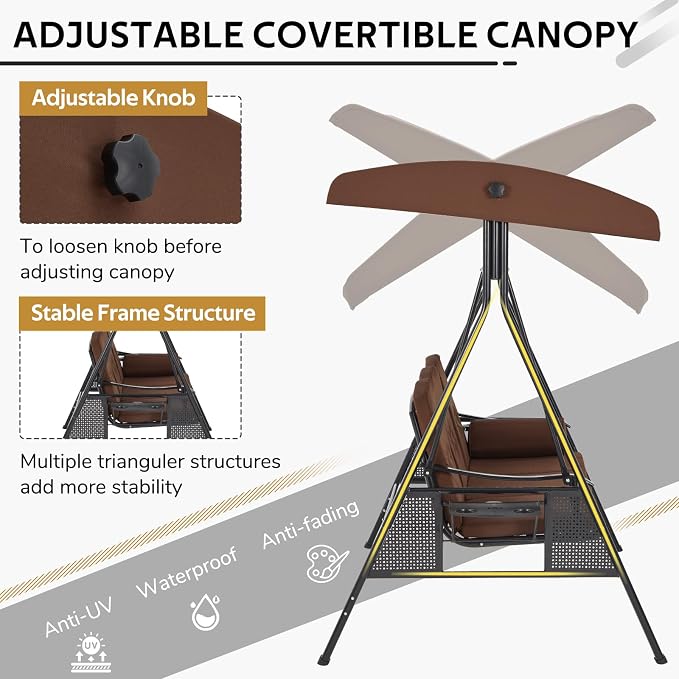 U-MAX 3-Seat Porch Swing Chair Steel Frame, Patio Swing Chair - Image 4