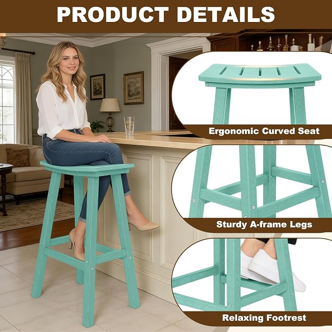 Outdoor Bar Stools Set of 6, 29 Inch All-Weather HDPE Bar Height Chairs - Image 5
