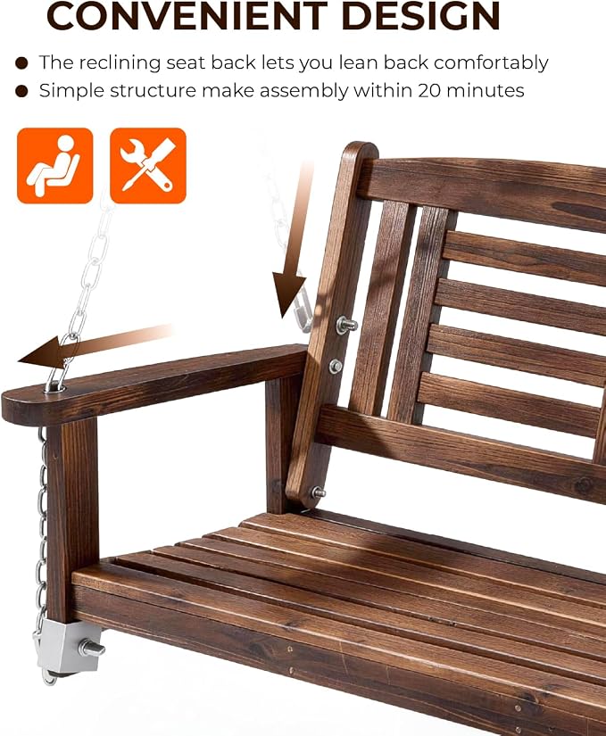 Outvita Wooden Porch Swing, Outdoor Patio Swing, Room 600 lbs Capacity Fir Wood - Image 5