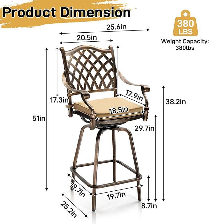 Outvita Set of 2 Outdoor Swivel Bar Stools-Cast Aluminum, Bar Height Patio - Image 3