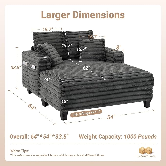 64" Chaise Lounge Chair Indoor, Oversized Sleeper Chair - Image 2