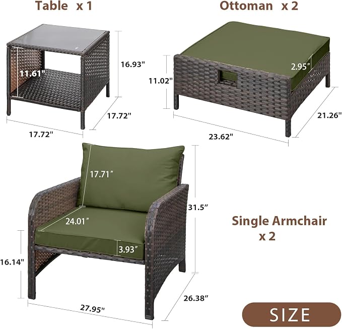 LEVELEVE Balcony Furniture 5 Piece Patio Conversation Set, PE Wicker Rattan - Image 3