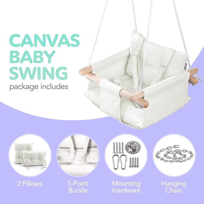 CaTeam - Canvas Baby Swing, Wooden Hanging Swing Seat Chair - Image 3
